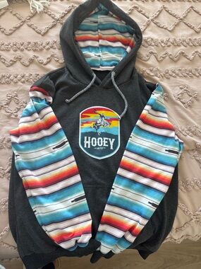 Hooey Charcoal Hoodie with Turquoise, Red, Yellow & Cream Striped Sleeves